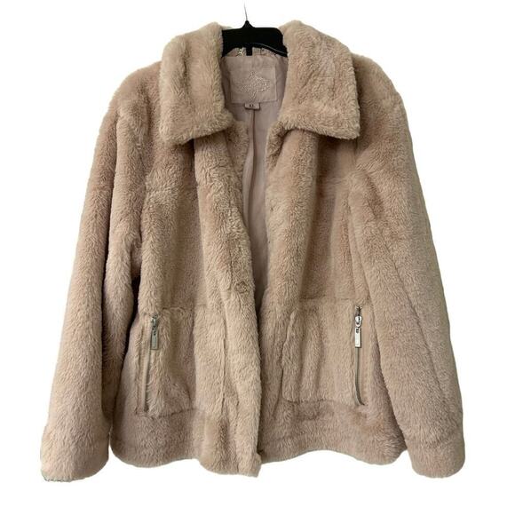 JOUJOU Faux Fur Dusty Pink Boxy Coat Size XL - Picture 2 of 12